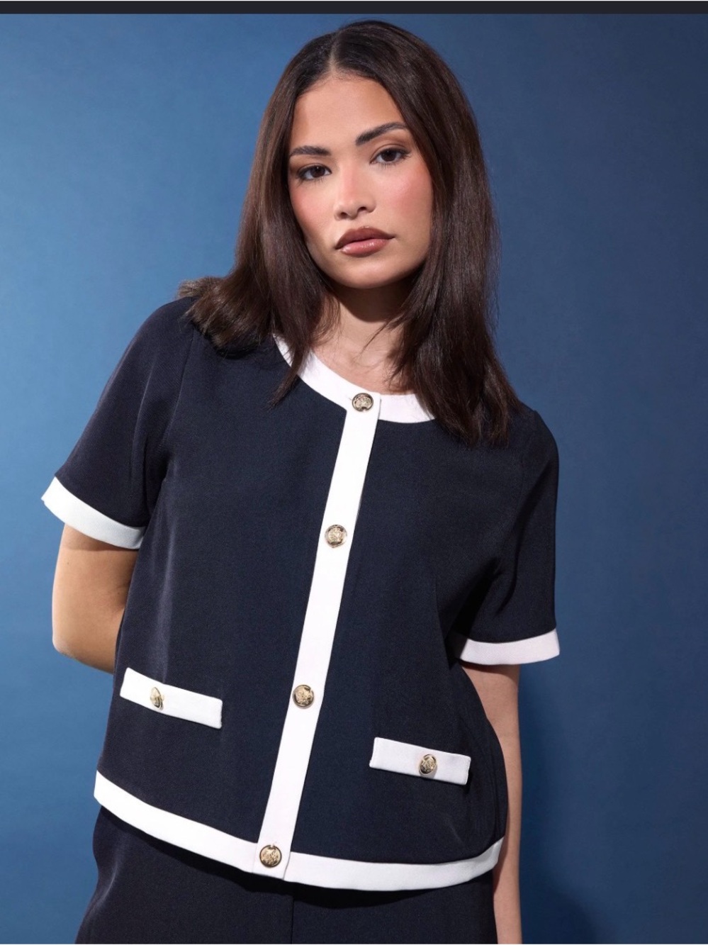 Zara Navy Short-Sleeve Blazer with White Trim